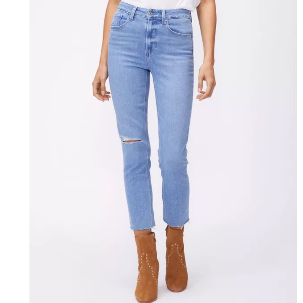 PAIGE High Rise Sarah Slim Crop Jean in Cruiser Destructed 28